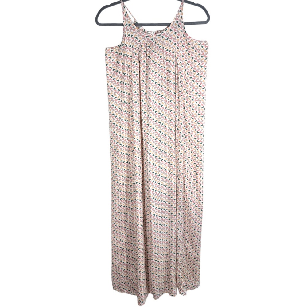 Biscuit Bird Print Flowy Maxi Dress Size Medium Spaghetti Strap Cream Pink Shift